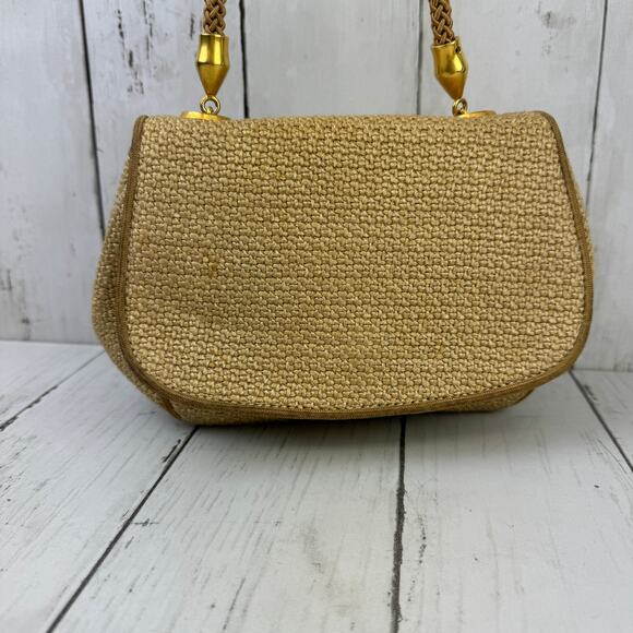 VTG De Veechi Tan/Gold Neutral Woven Jute Italian Clutch Shoulder Bag Beachy - Picture 2 of 11